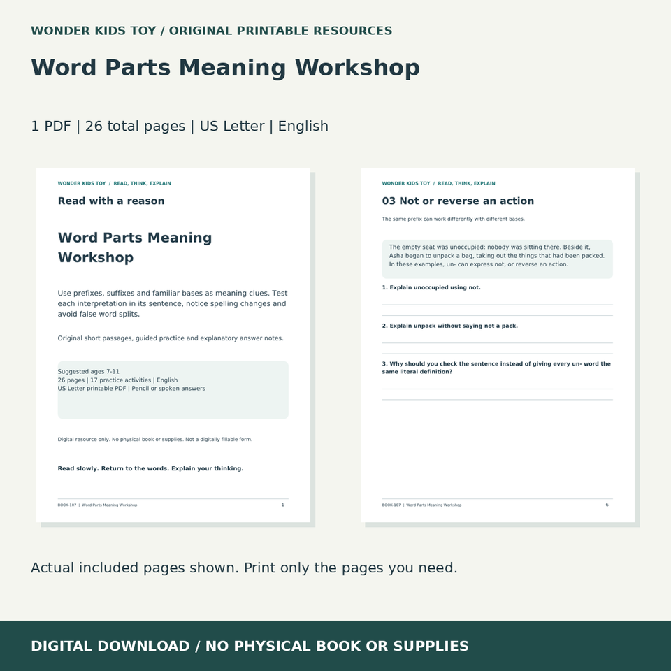 Word Parts Meaning Workshop: actual included PDF previews, 26 total pages, US Letter digital download