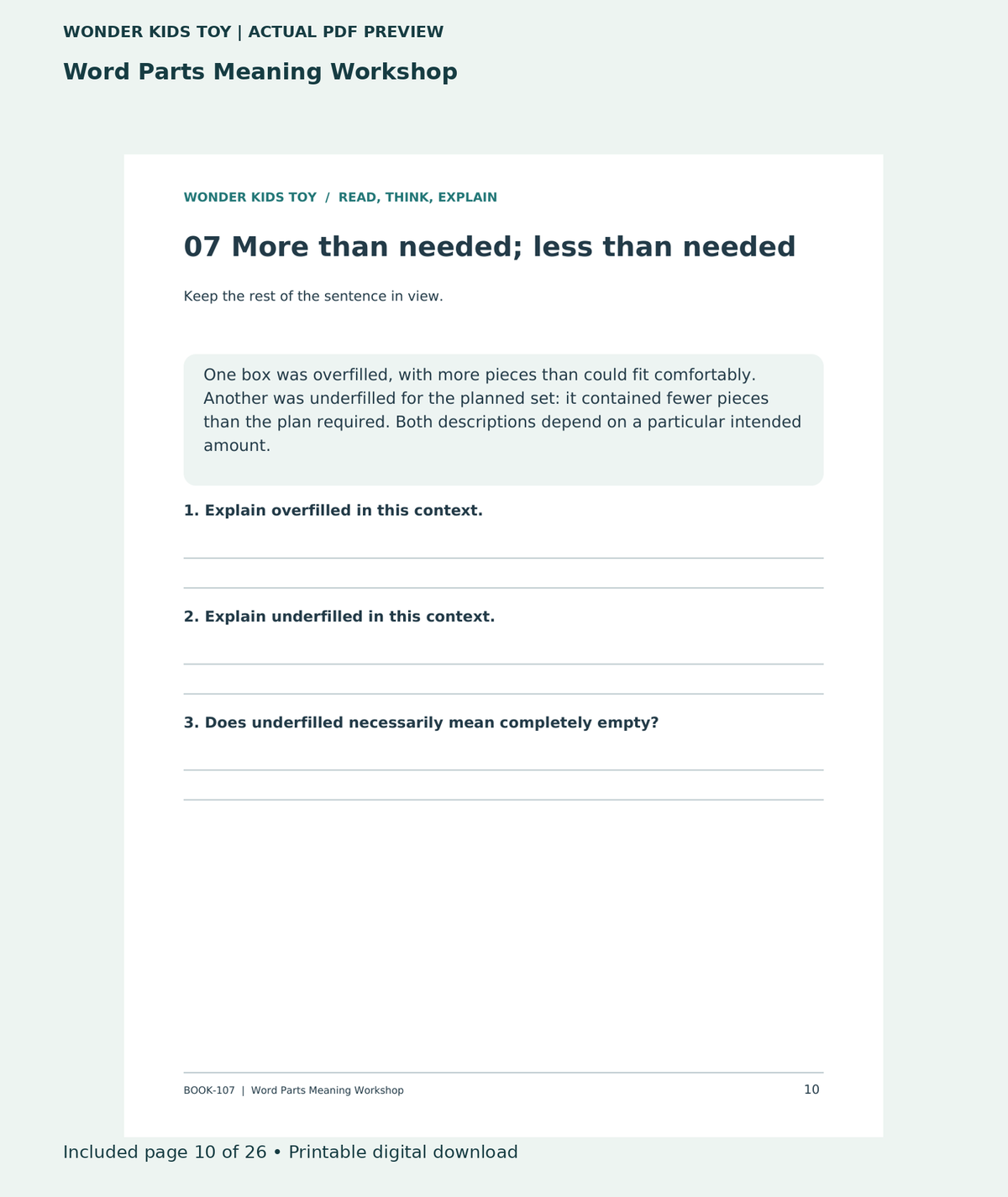 Word Parts Meaning Workshop: actual included PDF page 10 of 26, readable interior preview