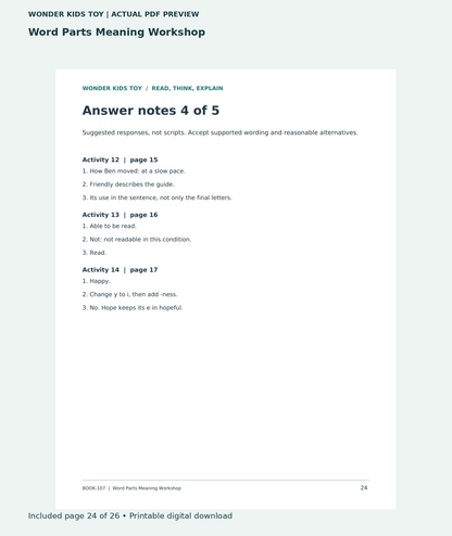 Word Parts Meaning Workshop: actual included PDF page 24 of 26, readable interior preview