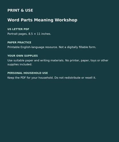 Word Parts Meaning Workshop: US Letter English printable PDF, not fillable; own supplies required; personal household use