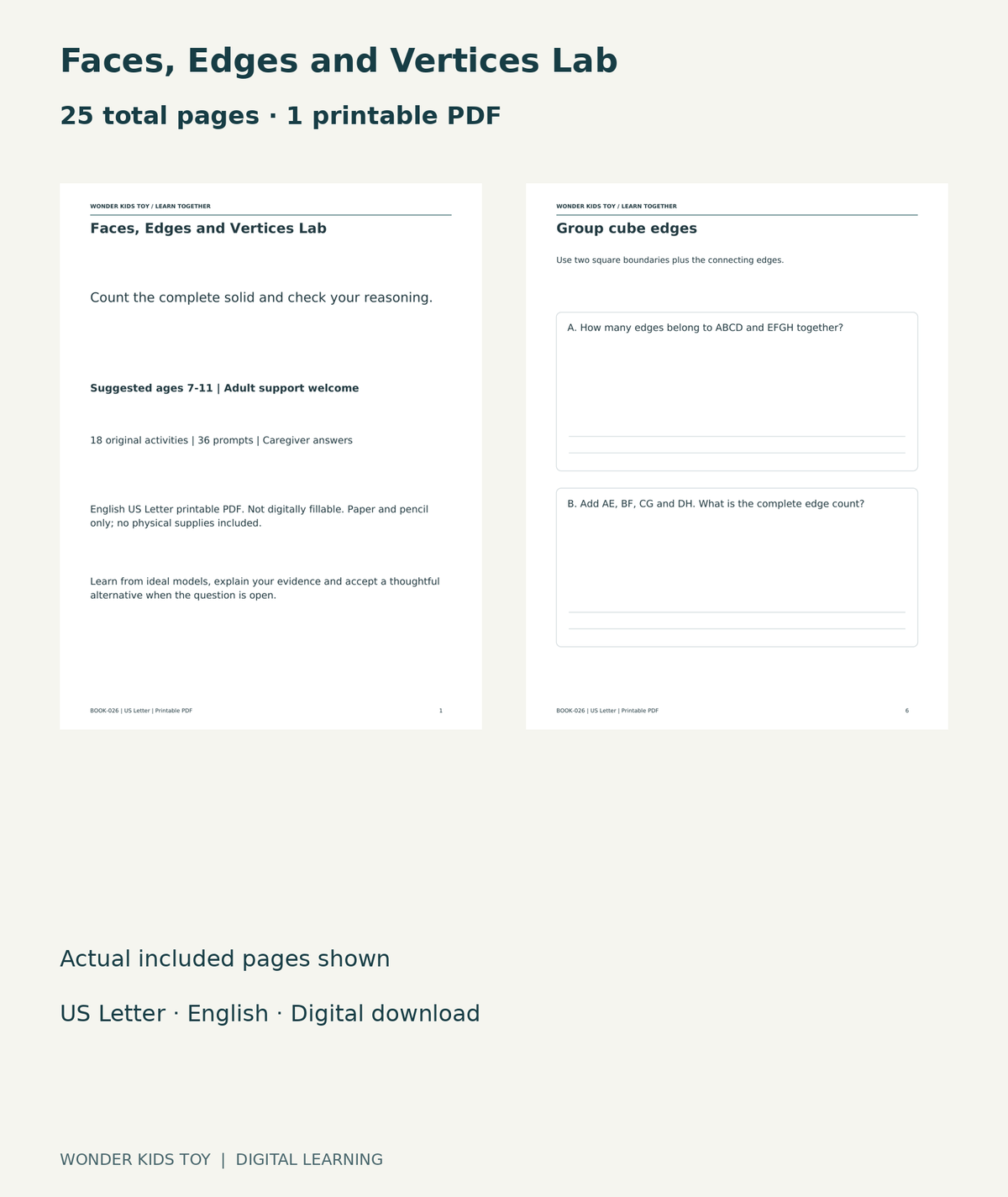 Faces, Edges and Vertices Lab: actual included PDF cover and page 6, 25 total pages