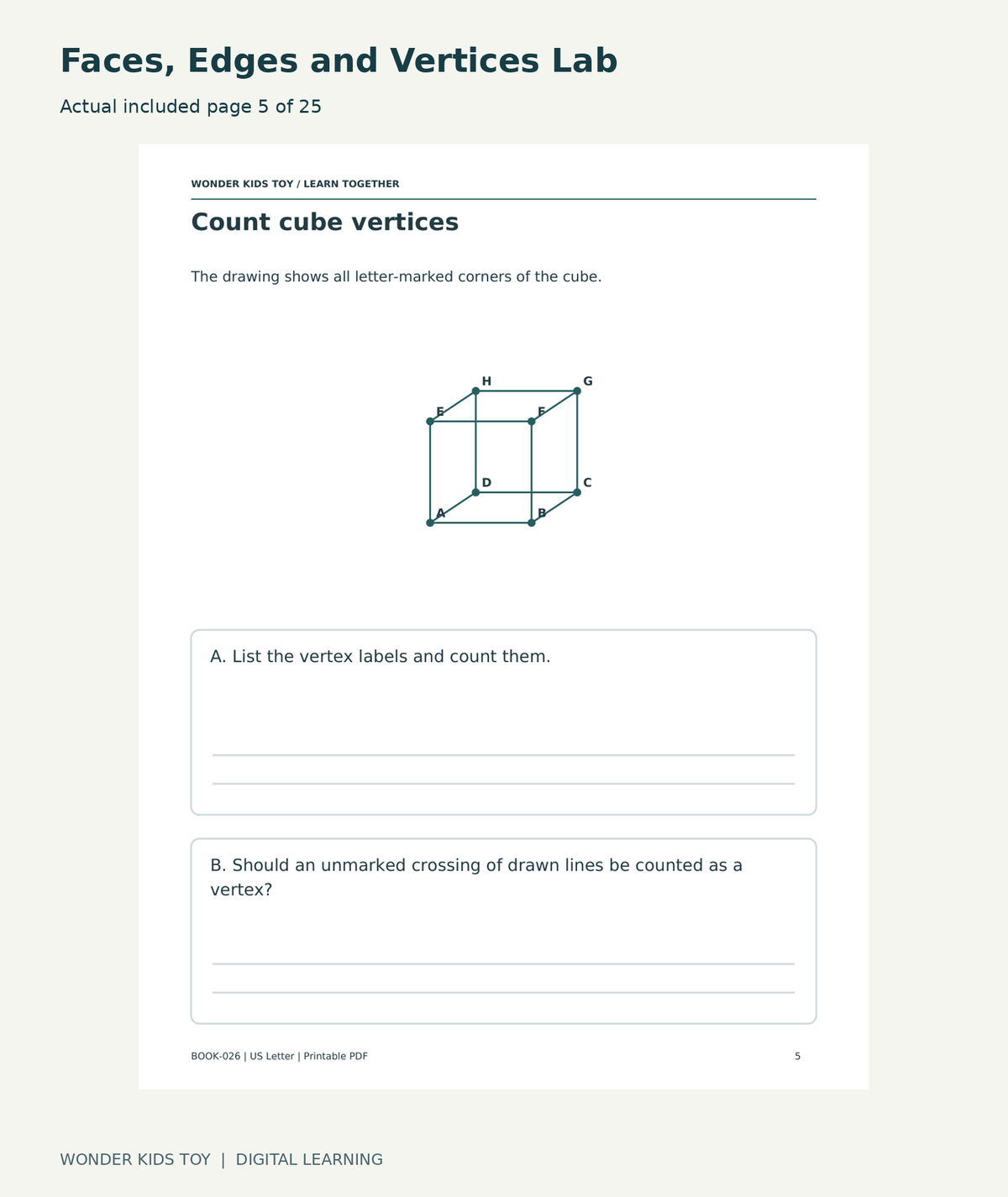 Faces, Edges and Vertices Lab: actual included PDF page 5 of 25
