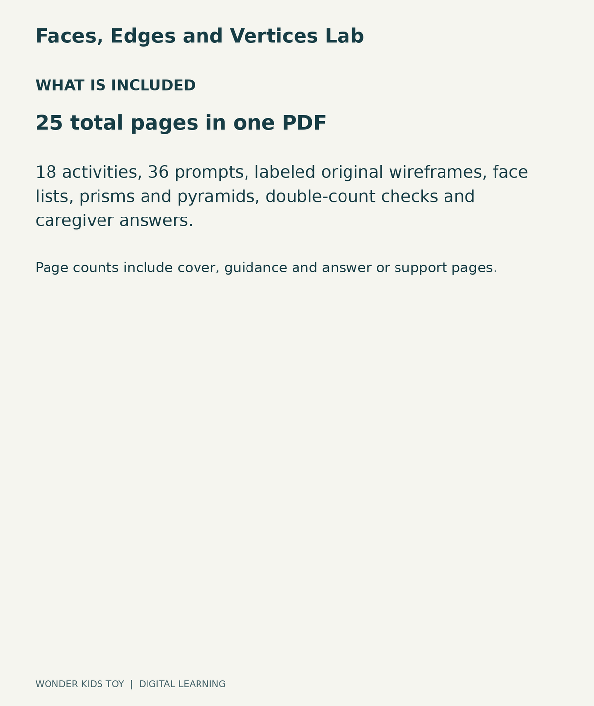 Faces, Edges and Vertices Lab: contents overview, one PDF with 25 total pages