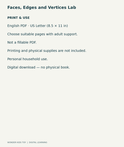 Faces, Edges and Vertices Lab: US Letter English printable PDF and household-use details