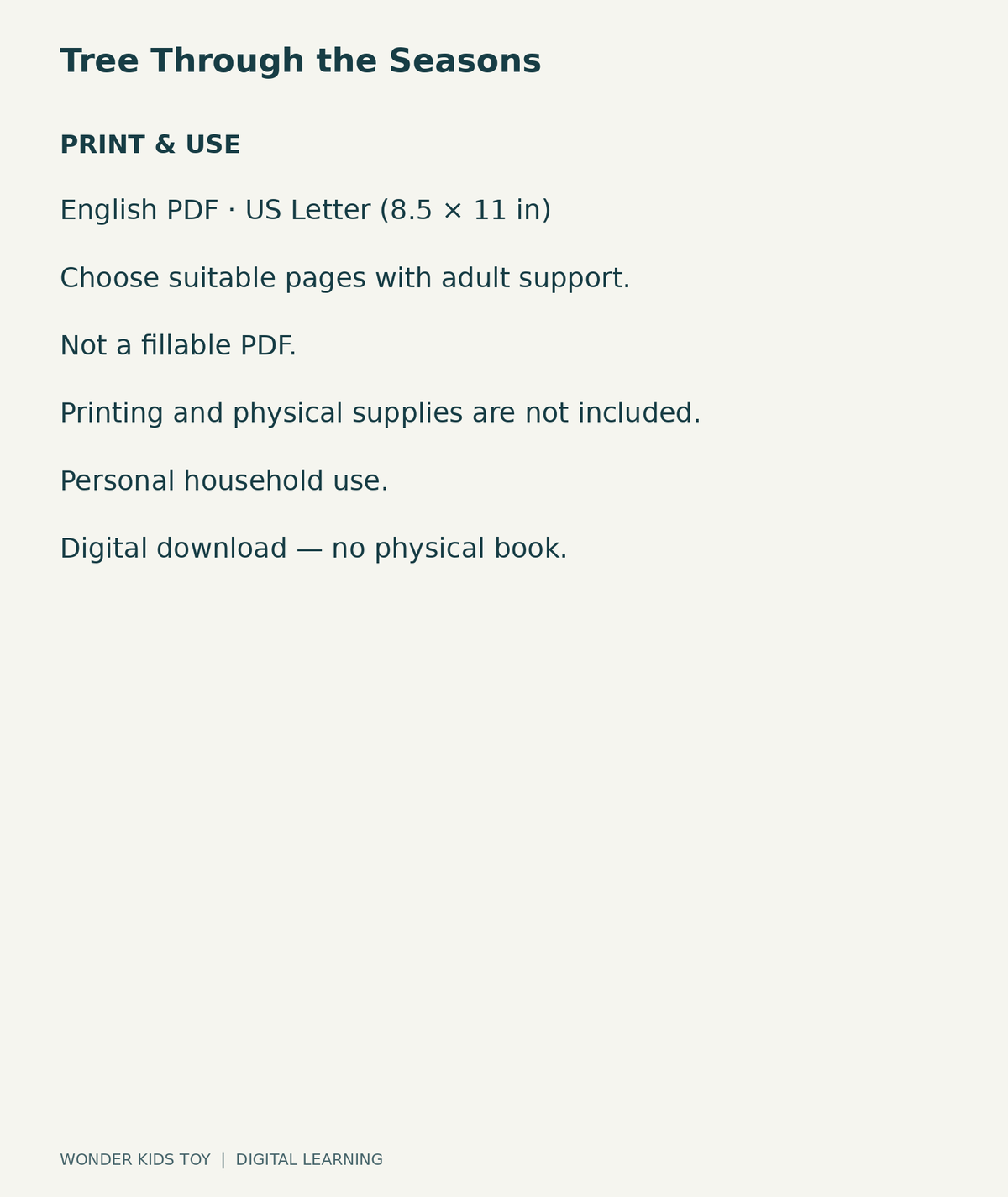 Tree Through the Seasons: US Letter English printable PDF and household-use details