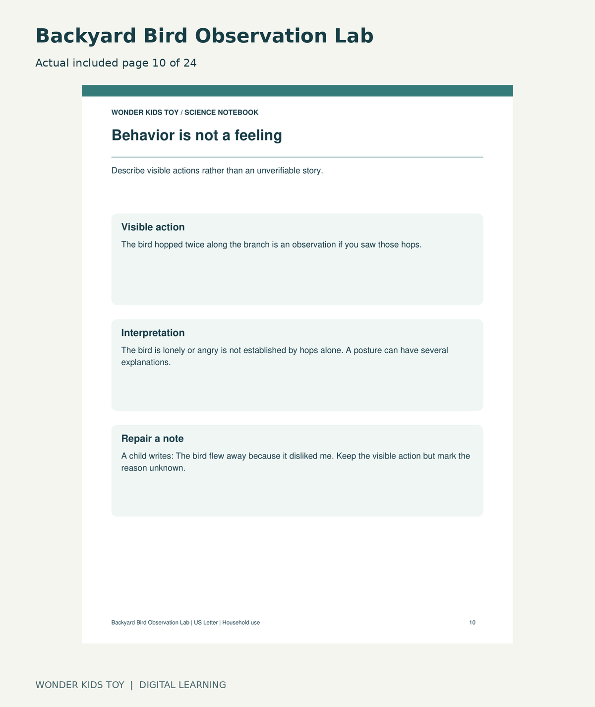 Backyard Bird Observation Lab: actual included PDF page 10 of 24