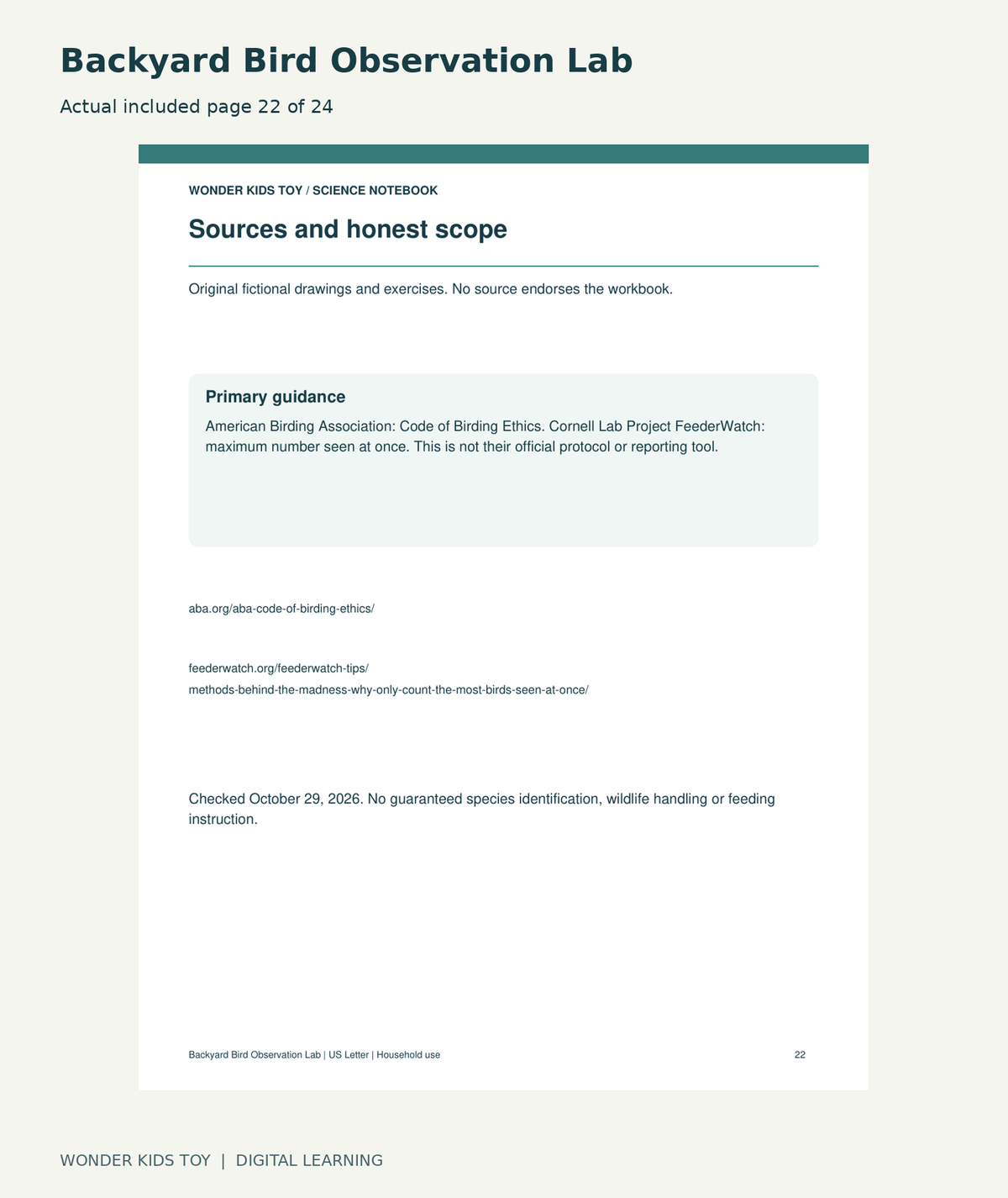 Backyard Bird Observation Lab: actual included PDF page 22 of 24