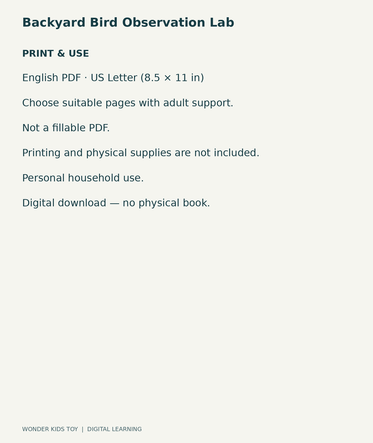 Backyard Bird Observation Lab: US Letter English printable PDF and household-use details
