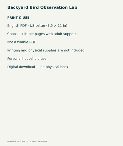Backyard Bird Observation Lab: US Letter English printable PDF and household-use details