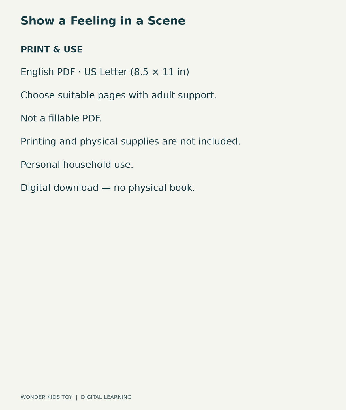 Show a Feeling in a Scene: US Letter English printable PDF and household-use details