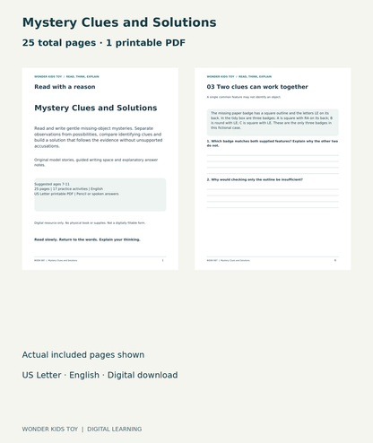 Mystery Clues and Solutions: actual included PDF cover and page 6, 25 total pages