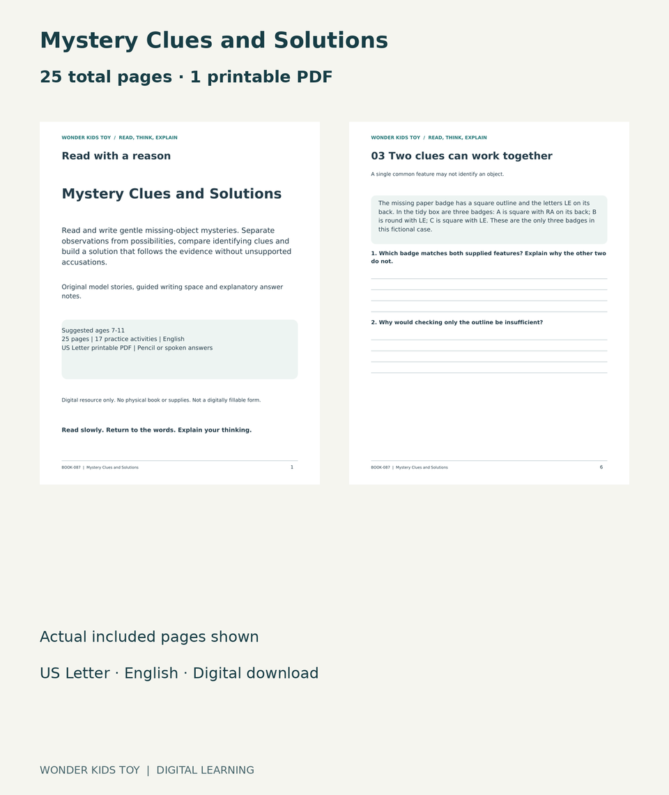 Mystery Clues and Solutions: actual included PDF cover and page 6, 25 total pages