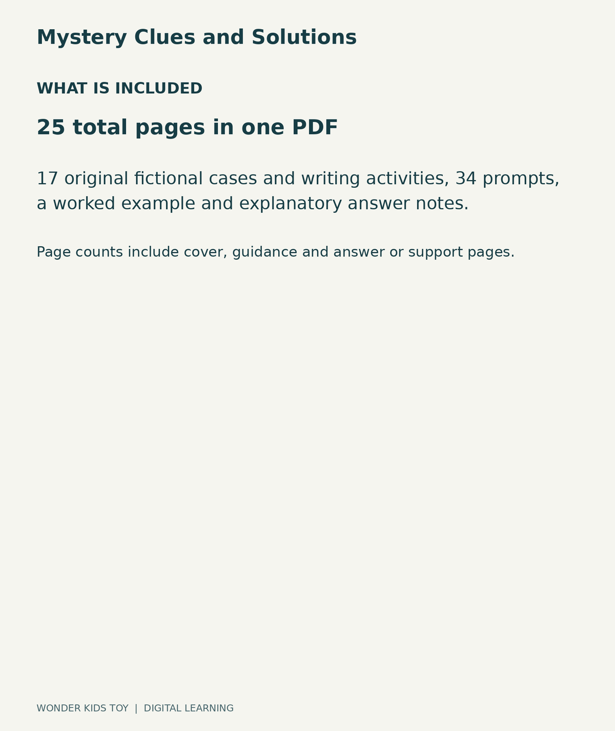 Mystery Clues and Solutions: contents overview, one PDF with 25 total pages