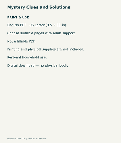 Mystery Clues and Solutions: US Letter English printable PDF and household-use details
