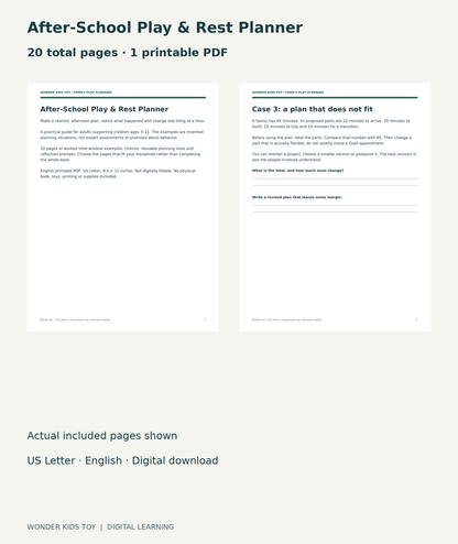 After-School Play & Rest Planner: actual included PDF cover and page 6, 20 total pages