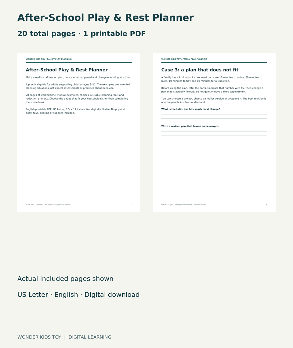 After-School Play & Rest Planner: actual included PDF cover and page 6, 20 total pages