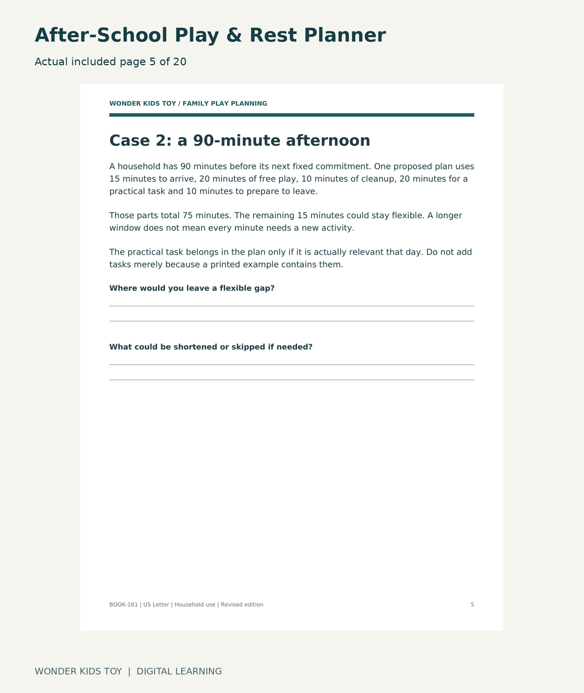 After-School Play & Rest Planner: actual included PDF page 5 of 20