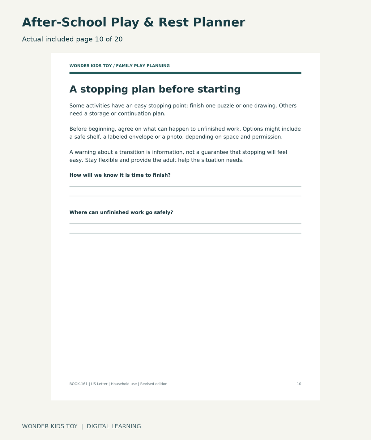 After-School Play & Rest Planner: actual included PDF page 10 of 20