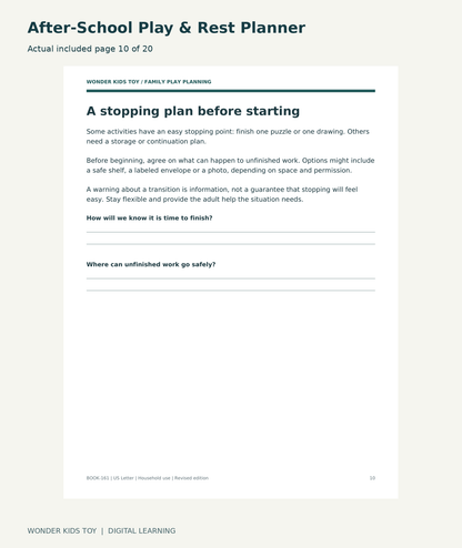 After-School Play & Rest Planner: actual included PDF page 10 of 20