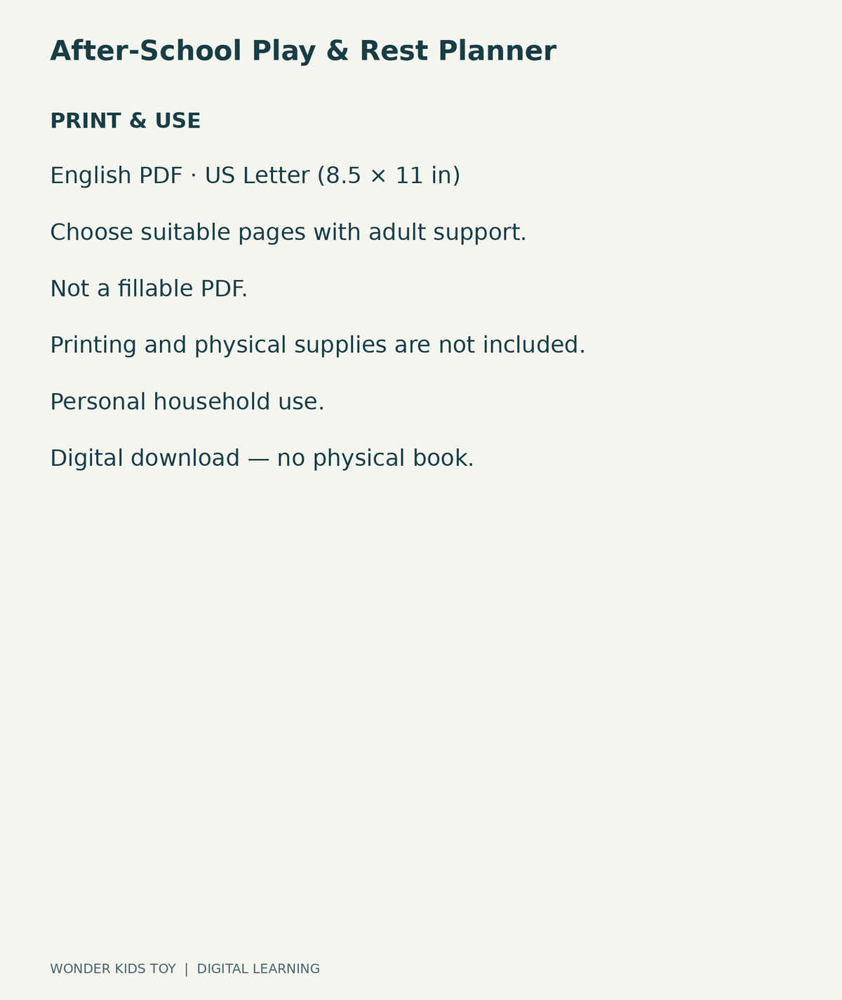 After-School Play & Rest Planner: US Letter English printable PDF and household-use details