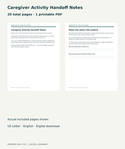 Caregiver Activity Handoff Notes: actual included PDF cover and page 6, 20 total pages
