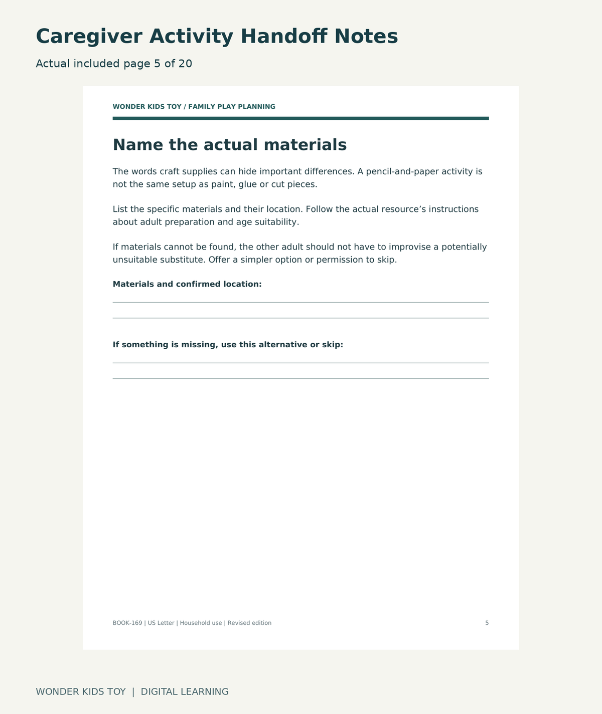Caregiver Activity Handoff Notes: actual included PDF page 5 of 20
