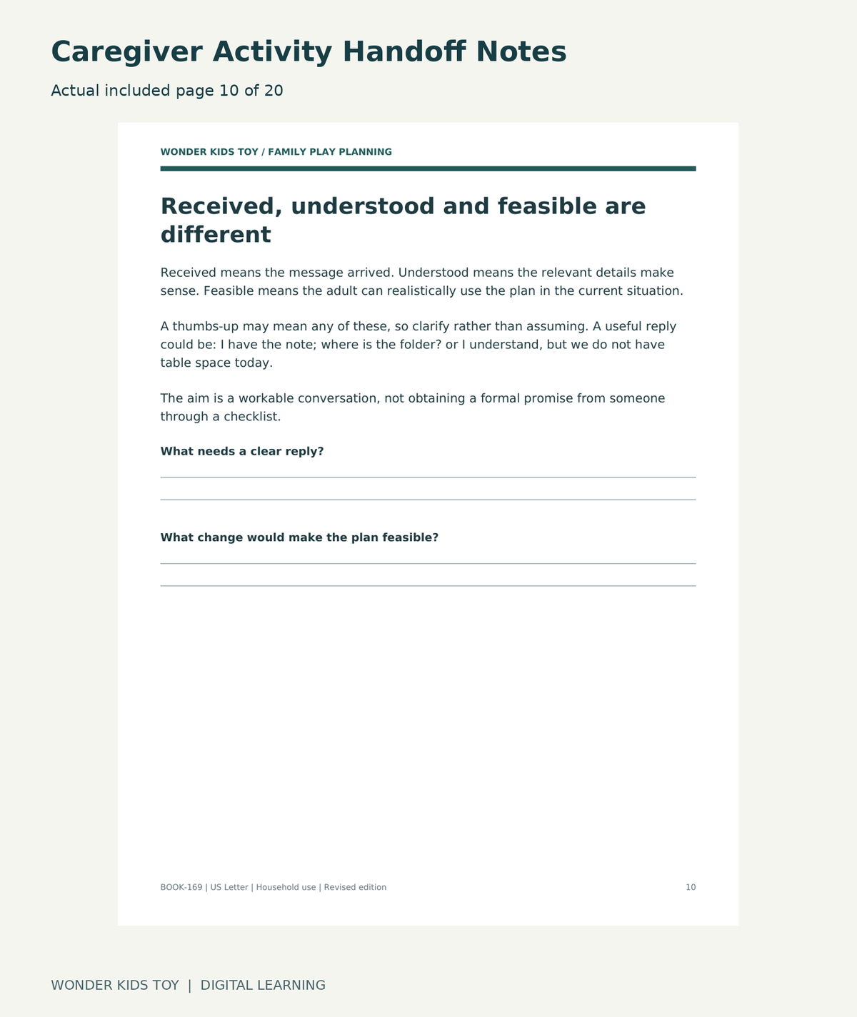 Caregiver Activity Handoff Notes: actual included PDF page 10 of 20