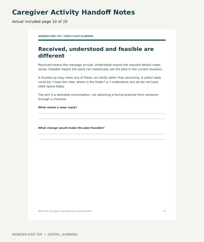 Caregiver Activity Handoff Notes: actual included PDF page 10 of 20