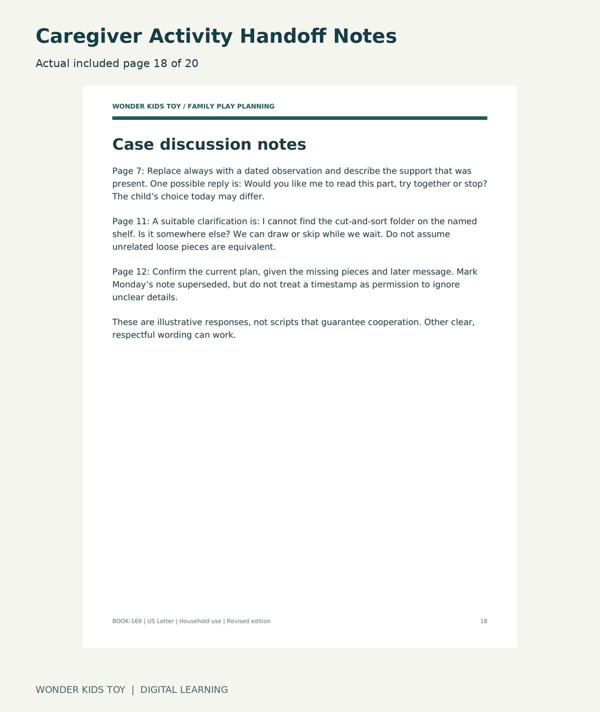 Caregiver Activity Handoff Notes: actual included PDF page 18 of 20