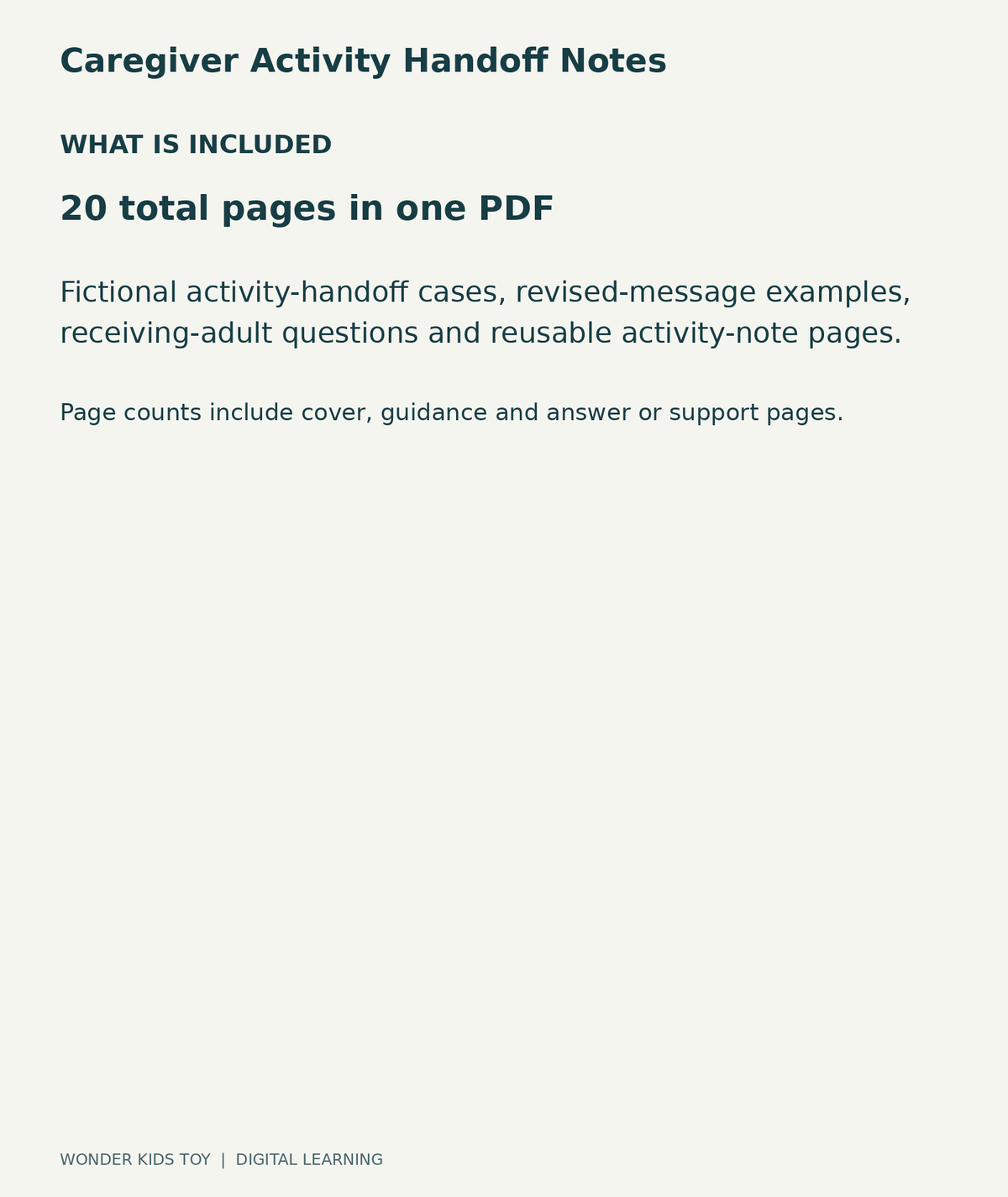 Caregiver Activity Handoff Notes: contents overview, one PDF with 20 total pages