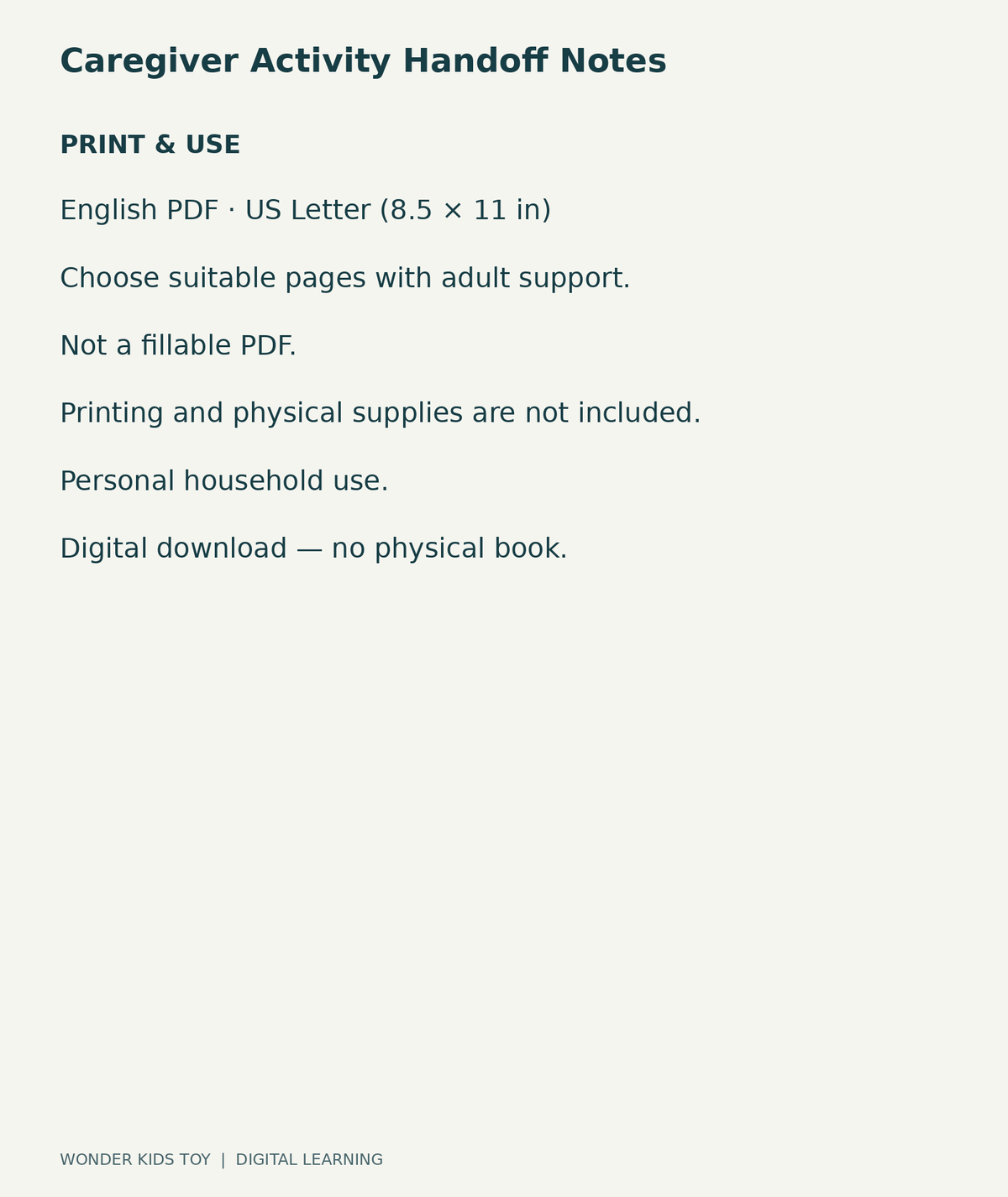 Caregiver Activity Handoff Notes: US Letter English printable PDF and household-use details