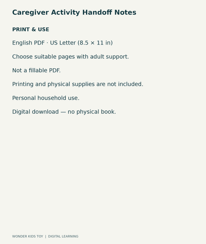 Caregiver Activity Handoff Notes: US Letter English printable PDF and household-use details