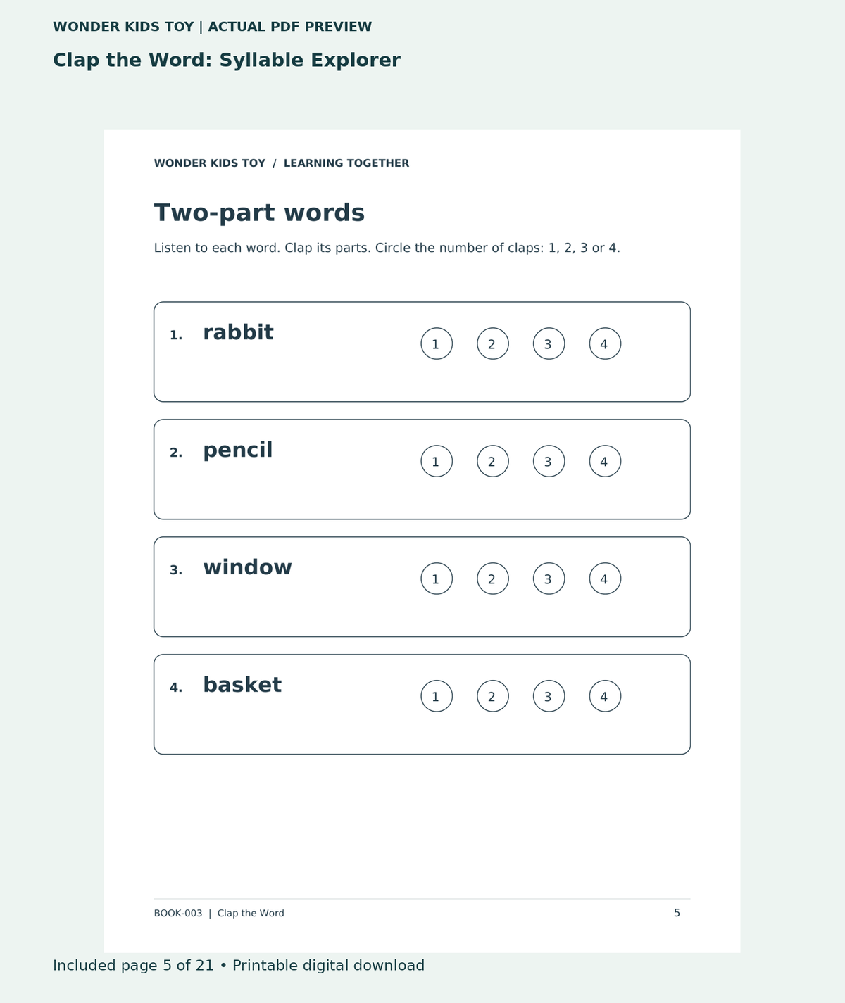 Clap the Word: Syllable Explorer: actual included PDF page 5 of 21, readable interior preview