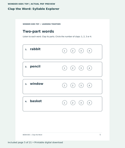 Clap the Word: Syllable Explorer: actual included PDF page 5 of 21, readable interior preview