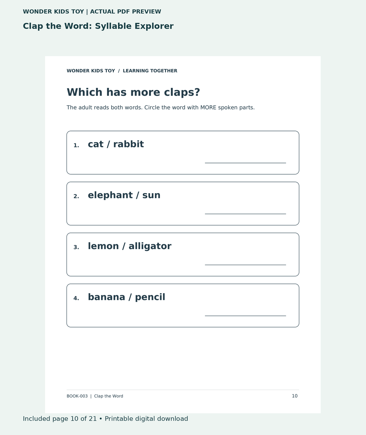 Clap the Word: Syllable Explorer: actual included PDF page 10 of 21, readable interior preview