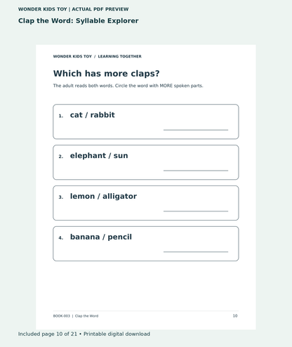 Clap the Word: Syllable Explorer: actual included PDF page 10 of 21, readable interior preview