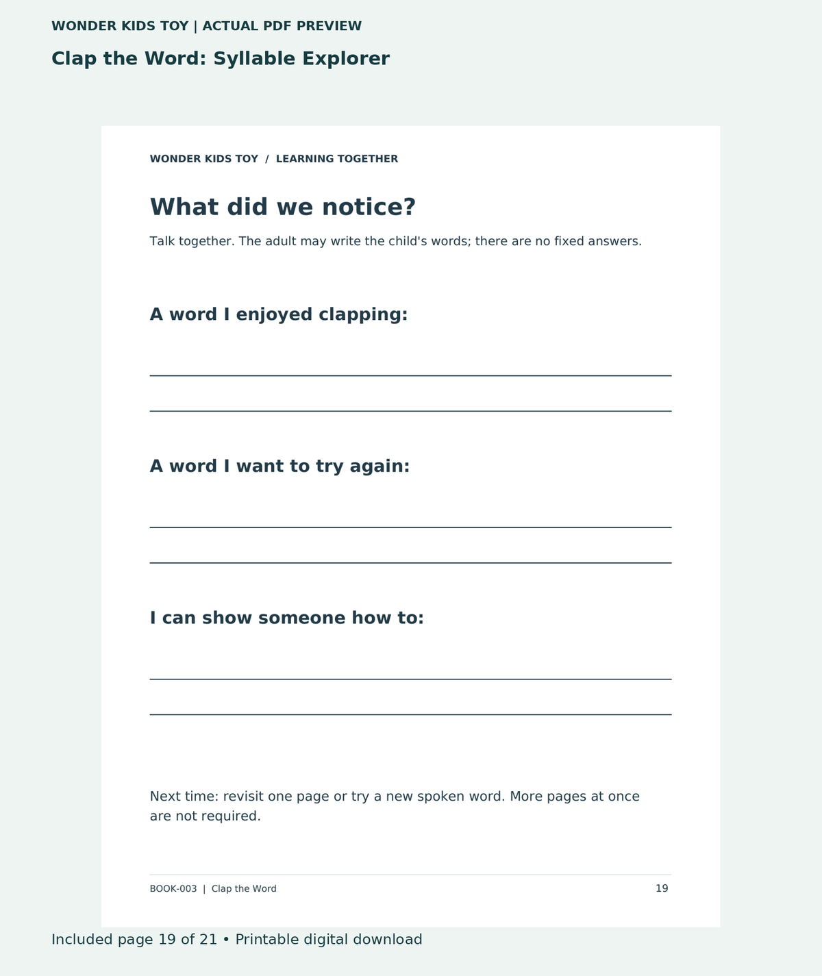 Clap the Word: Syllable Explorer: actual included PDF page 19 of 21, readable interior preview