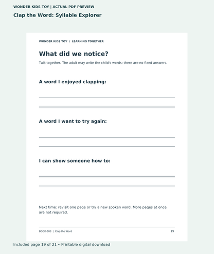 Clap the Word: Syllable Explorer: actual included PDF page 19 of 21, readable interior preview