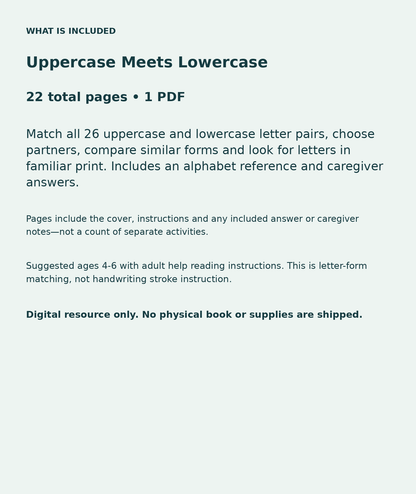Uppercase Meets Lowercase: contents overview, 22 total pages in one PDF; Match all 26 uppercase and lowercase letter pairs, choose partners, compare similar forms and look for letters in familiar print. Includes an alphabet reference and caregiver answers.
