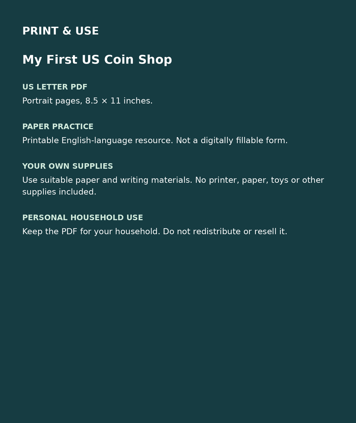 My First US Coin Shop: US Letter English printable PDF, not fillable; own supplies required; personal household use