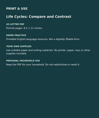 Life Cycles: Compare and Contrast: US Letter English printable PDF, not fillable; own supplies required; personal household use