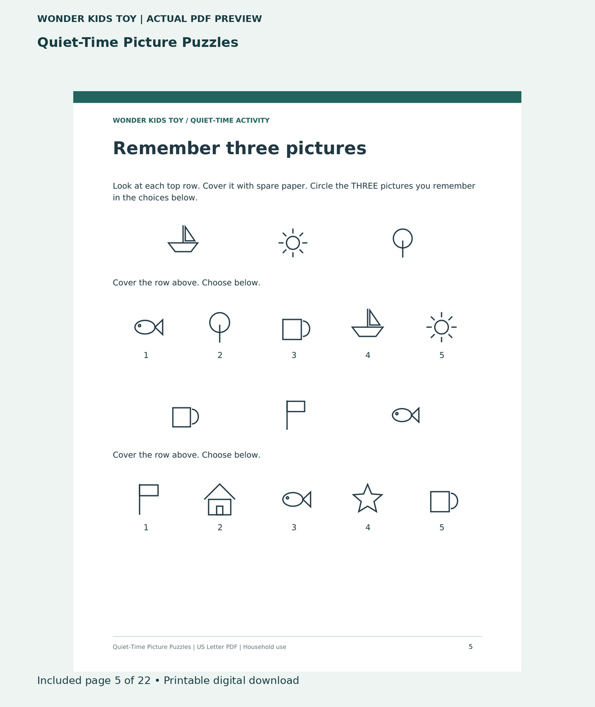 Quiet-Time Picture Puzzles: actual included PDF page 5 of 22, readable interior preview