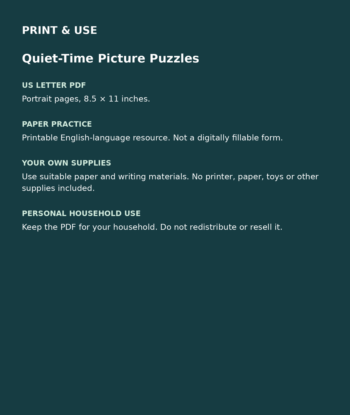Quiet-Time Picture Puzzles: US Letter English printable PDF, not fillable; own supplies required; personal household use