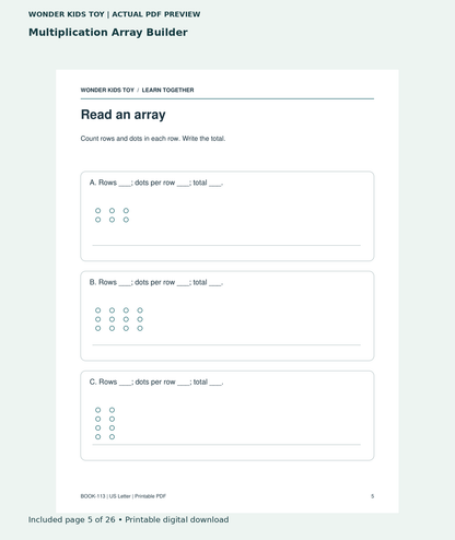 Multiplication Array Builder: actual included PDF page 5 of 26, readable interior preview