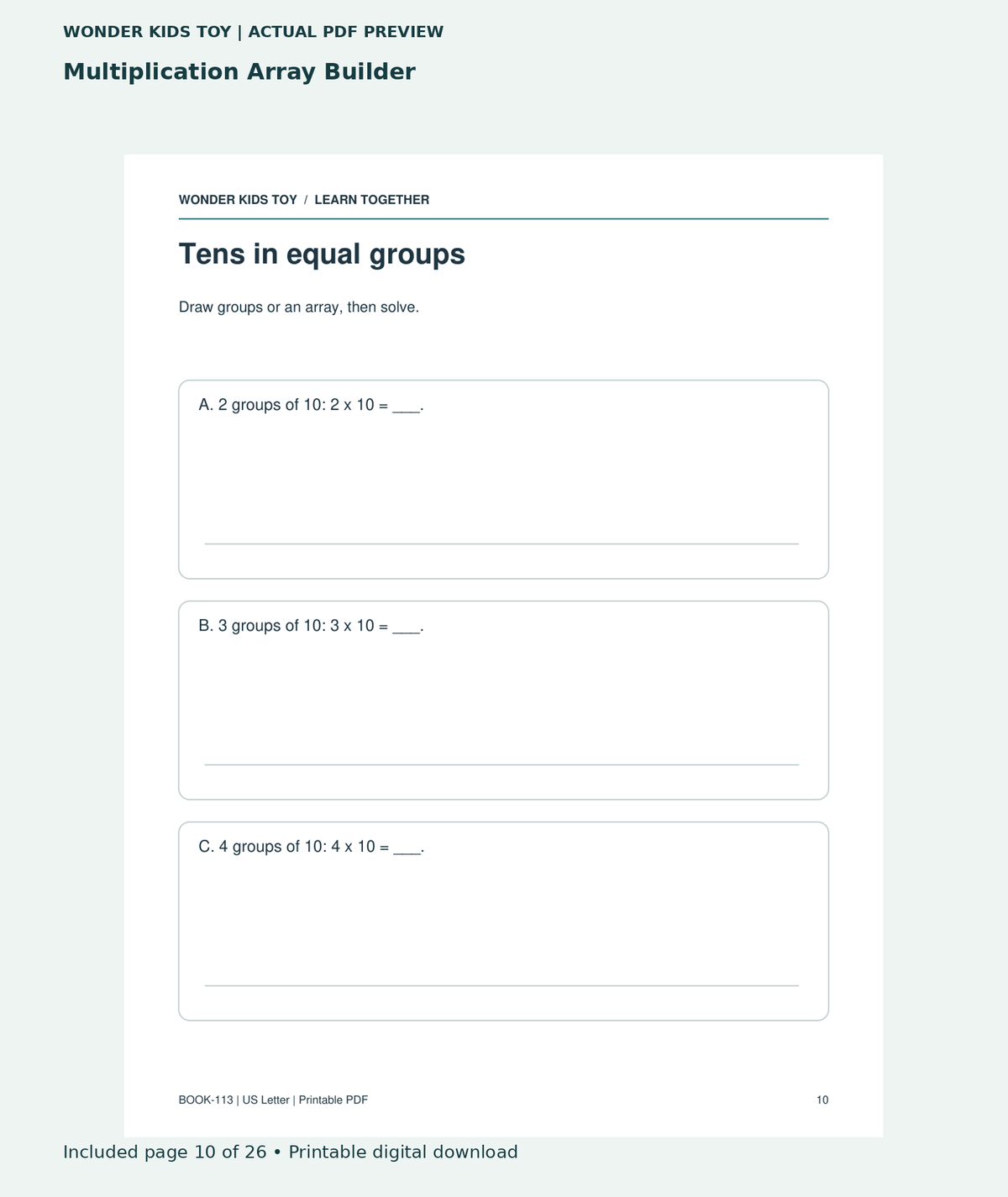 Multiplication Array Builder: actual included PDF page 10 of 26, readable interior preview
