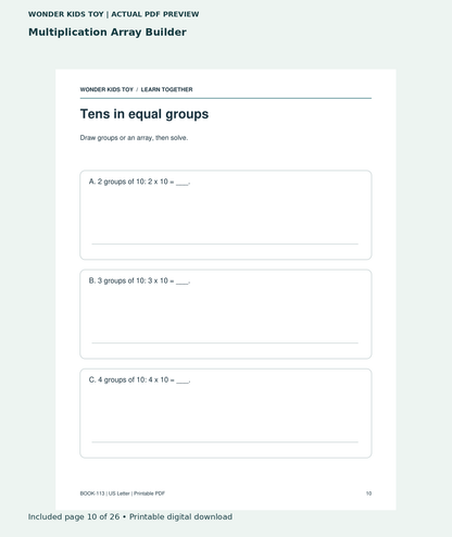 Multiplication Array Builder: actual included PDF page 10 of 26, readable interior preview