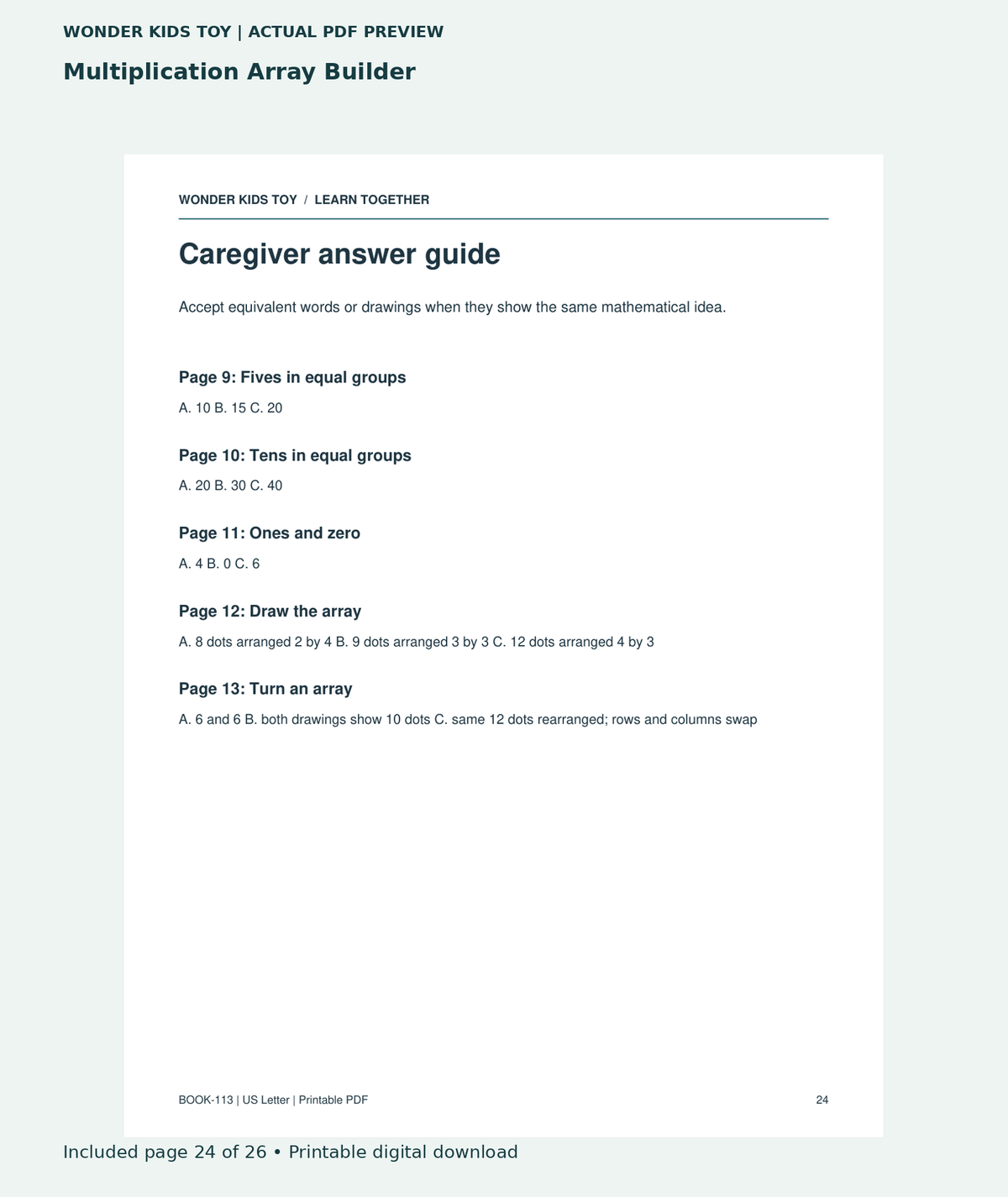Multiplication Array Builder: actual included PDF page 24 of 26, readable interior preview