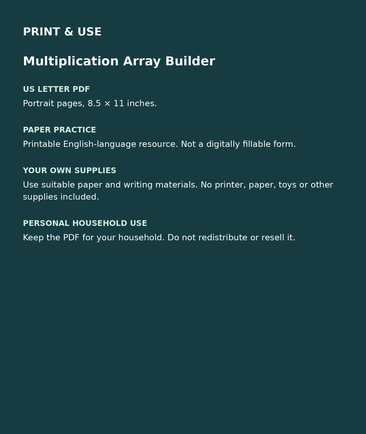 Multiplication Array Builder: US Letter English printable PDF, not fillable; own supplies required; personal household use