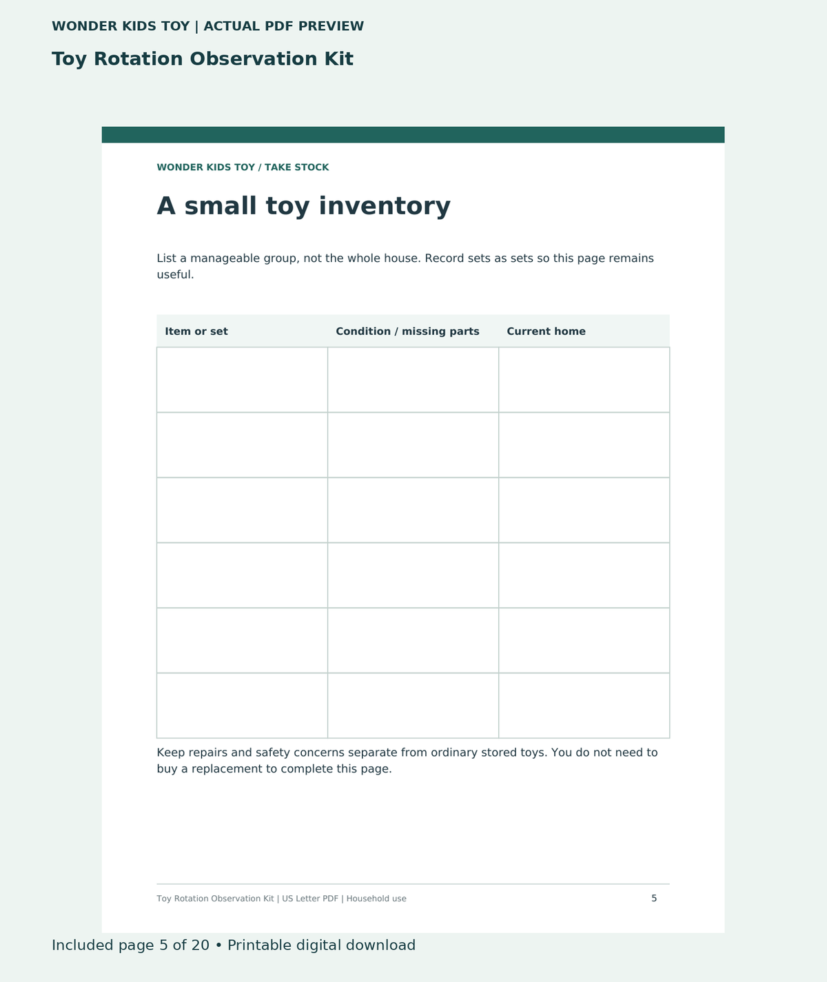 Toy Rotation Observation Kit: actual included PDF page 5 of 20, readable interior preview