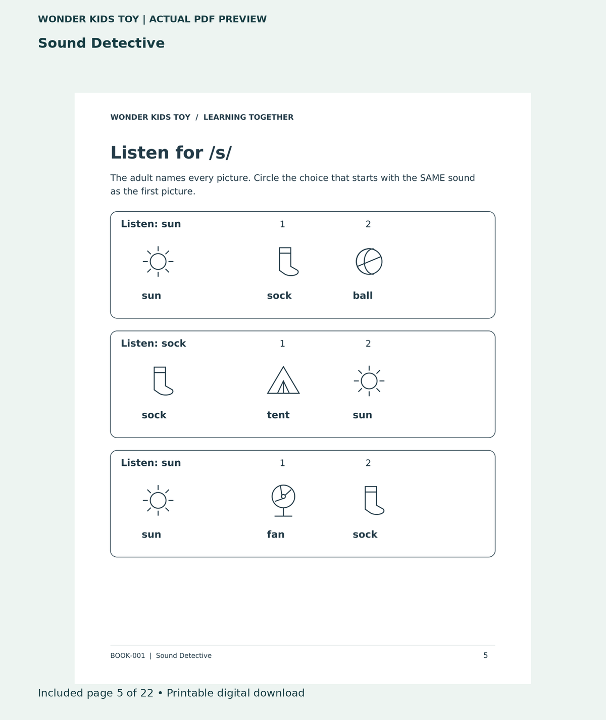 Sound Detective: actual included PDF page 5 of 22, readable interior preview